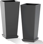 Set of 2 Tall Planters with Drainage Tray, 24 Inch Large Flower Pots for Indoor Outdoor Plants Mordern Planter Weather-Resistant for Patio, Front Door Decor, Garden (Gray)