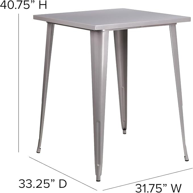 Bar Table with 31.5-Inch Square Top, Silver Finish, Indoor-Outdoor Use