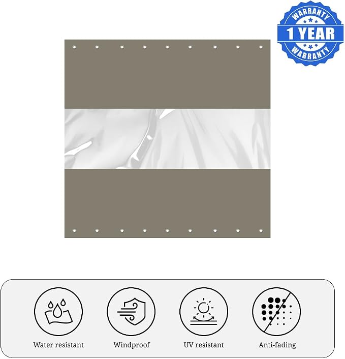 Waterproof Outdoor Curtains, Clear Vinyl Panel, 8 x 10 ft Beige