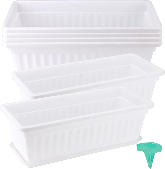 JOIKIT 6 Packs 17 Inch White Plastic Flower Window Boxes Planters with Drainage Holes & Tray, Rectangular Long Vegetable Flower Windowsill Box Planter Pot with Plant Label for Garden Patio Balcony