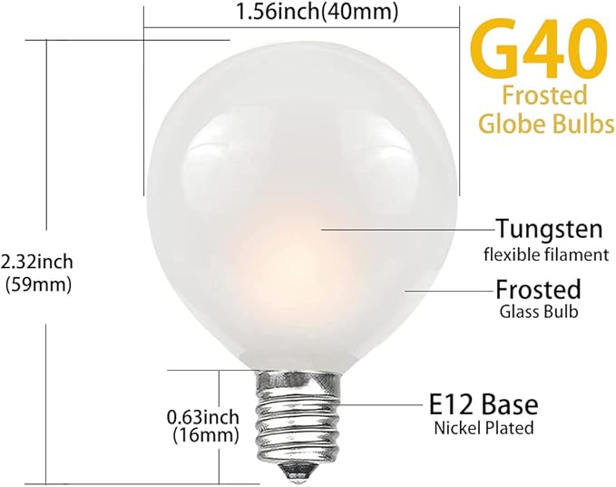 String Lights 25 Ft Frosted Globe G40 Bulbs, Warm White, Waterproof