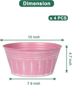 vensovo 10 Inches Pink Metal Rustic Plant Pots - 4 Pcs Large Shallow Galvanized Planters with Drain Hole and Rubber Plug, Rustproof Tin Bucket Succulent Pot Indoor Farmhouse Vintage Style for Decor