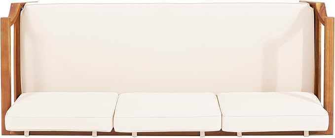 Christopher Knight Home Aston Outdoor 3 Seater Sofa, Upholstered Cushion Couch, Acacia Wood Bench Sofa, Slat Armchair, 73.25" W Spacious Seating Bench Couch for Gardern Porch Balcony, Teak+Beige