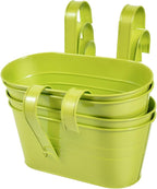 OBTANIM 4 Pack Metal Hanging Flower Pots Iron Railing Planter Outdoor Fence Hanging Pots Bucket Plant Holder with Detachable Hooks Drain Holes for Home Garden Yard Decor (Green)