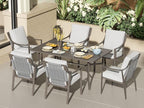 NATURAL EXPRESSIONS 7 Piece Patio Dining Table Outdoor Furniture Set for 6, 6Pcs Fixed Dining Chairs with Olefin Cushions, 65”Large Dining Table with Umbrella Hole