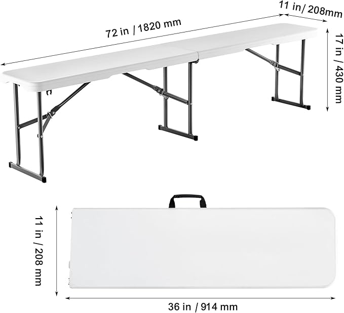 VEVOR Plastic Folding Bench, 6ft Portable Folding Bench, Smooth High Density Polyethylene Waterproof Outdoor Bench, Picnic Camping Table with Handle for Garden Soccer Playtime, White (1 Pack)