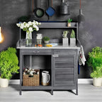 Yaheetech Outdoor Potting Bench Table, Garden Workstation w/Metal Tabletop/Cabinet Drawer/Open Top/Lower Shelf/Handy Hooks for Horticulture,Gray