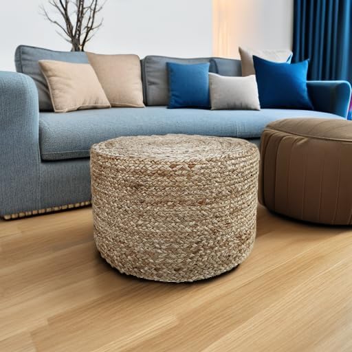 Scandilivin Homes Pouf Ottoman - 100% Natural Jute Braided- Footrest Pouf Hand Knitted - Traditional Cord Boho Pouffe - for The Living Room, Bedroom, Nursery, Patio, Lounge (18”x18”x12”)