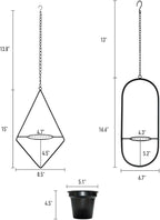 Modern Hanging Planters for Indoor Plants, Metal Plant Hanger with 5 inch Flower Pot, Set of 2 Black Plant Holder in Diamond and Oval Shape, Small Wall and Ceiling Hanging Pot for Outdoor Plants
