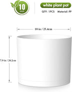 10 Inch Round Plastic Plant Pot with Drainage Holes and Saucer, Wide Flower Pots for Indoor & Outdoor Plants– 7.9" Tall Modern Cylinder Planter Pot for House Plants and Home Decorative, Matte White