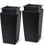 30 Inch Tall Self Watering Planters Set of 2, Outdoor Plant Pots with Automatic Watering System, Water Level Monitor, Drainage, Wheels & Inner Bucket, for Front Porch & Indoor Plants Black