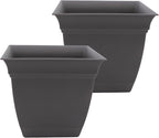 The HC Companies 10 Inch Eclipse Square Planter Pots with Drainage Holes & Attached Saucer, Lightweight UV-Resistant Plastic Indoor Outdoor Planters, 2-Pack Flower Pots, Garden Home Decor, Warm Gray