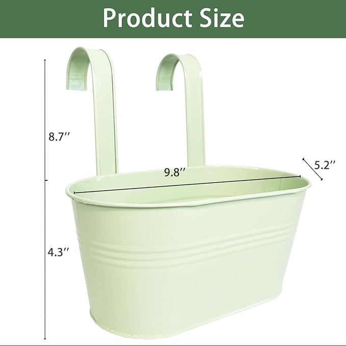 Balcony Hanging Planters Flower Pots, 10" Metal Flower Pots for Outdoor Balcony Rails, Fence Pot Hanging Plant Holders with Detachable Hooks for Garden Patio Yard Decor (Mint Green, 4Pcs)