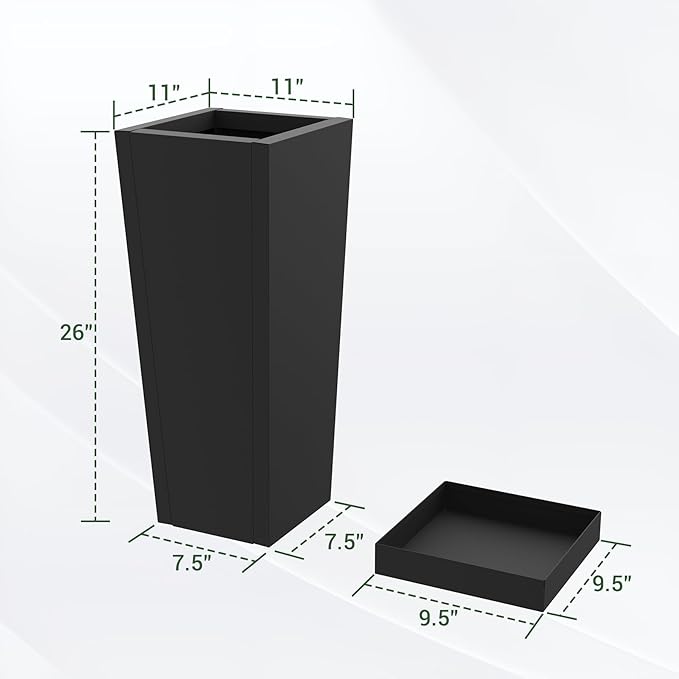 Tall Outdoor Planters Set of 2, 26 inch Tall Planters for Outdoor and Indoor, Metal Tapered Pots with Drainage Holes & Insert Shelves & Trays for Porch, Garden, Patio, Yard