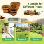 Idzo Set of 3 Wooden Upgraded Brown Orange Flower Boxes Outdoor, Durable Acacia Wood Barrel Planters for Outdoor Plants with Ergonomic Handles, Drainage Holes, Multiple Sizes Wood Bucket Planter