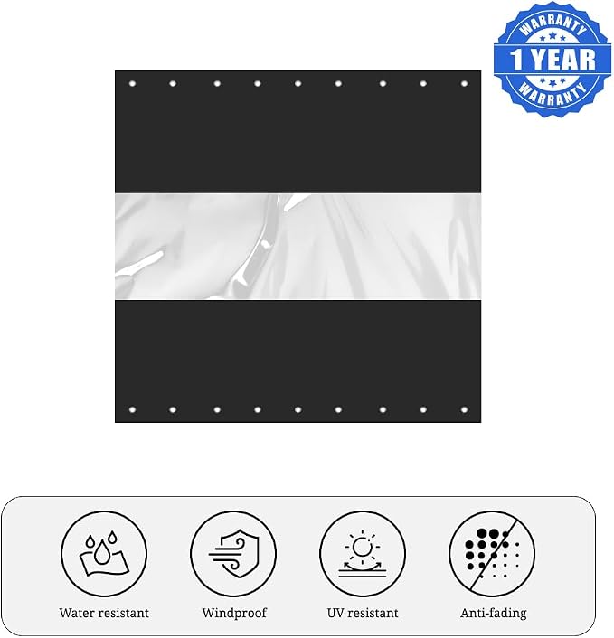 Outdoor Curtain with Clear Panel, 15 Mil Vinyl, 7 x 12 Ft Black