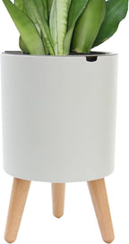 7.8 Inch Planter Pot with Solid Wood Legs, Self Watering Planter Pots with Water Shortage Alarm Planter Pot for Indoor Outdoor Modern Flower Planter for Home & Garden(White)