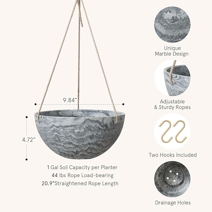 LA JOLIE MUSE Hanging Planter Flower Plant Pots - 9.84 Inch Indoor Outdoor Balcony Patio Hanging Basket Set of 2, Marble Pattern