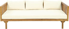 Christopher Knight Home Claremont Outdoor 3 Seater Acacia Wood Daybed with Fabric Water Resistant and Removable Cushions, Patio Garden Poolside Sofa with Slat Paneling Armrest and Back, Teak and Beige