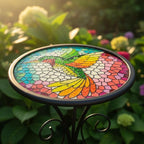 LIFFY Outdoor Side Table, 12" Glass Hummingbird Tabletop Patio Tables with Metal Frame, 21" Height Indoor Small Round Home Decorative Plant Stand Outside for Garden Patio Yard Porch