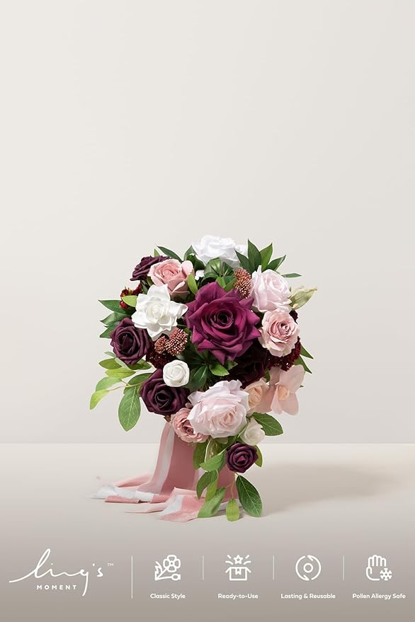 Artificial Flowers Bridal Bouquet, Marsala and Blush Silk Roses, 13 in Wide