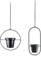 Metal Hanging Planters, Modern Plant Hanger with 5 inch Flower Pot, Set of 2 Black Plant Holder in Oval and Round Shape, Small Wall and Ceiling Planter for Indoor Plants, Home Décor