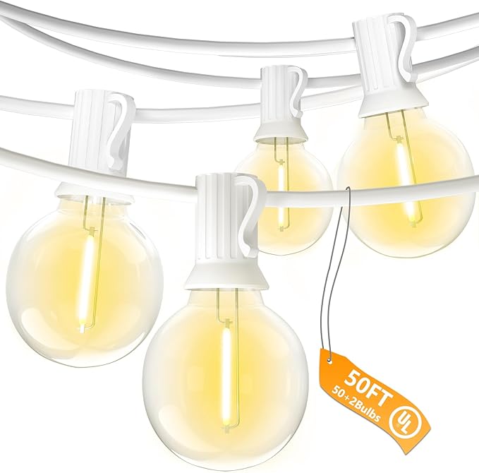 String Lights, Warm White G40 LED, 50 Bulbs, Shatterproof, Outdoor