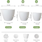 Large Self Watering Pots, 12/10/9 Plastic Planters with High Drainage Holes and Deep Reservoir for Indoor Outdoor Garden Plants and Flowers, White
