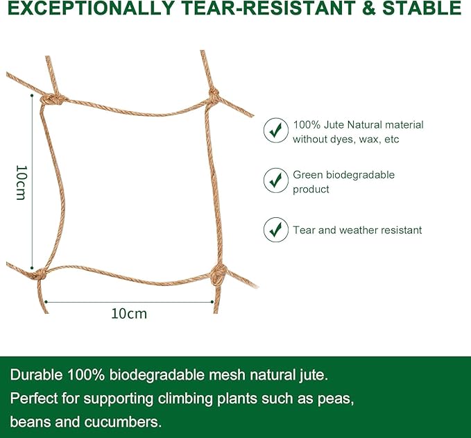 Jute Trellis Netting - Jute Netting for Garden, Heavy Duty Plant Support Netting for Climbing Plants, Cucumber, Vine, Fruits & Vegetables, Climbing Vining Plants (6.6 Ft x 16.4 Ft, 3.9 Inch Squares)