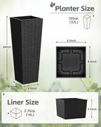 Greesum 24 Inch Tall Plastic Planters (Set of 2), Detachable Inner Pot & Drainage Holes, Outdoor Decorative Flower Pots for Large Plants, Trees, Patio, and Garden, Black