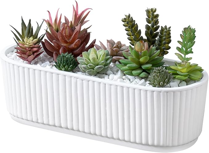 MyGift 12 Inch Ceramic Succulent Planter, Oval Matte White Planter Pot, Indoor Plants Flower Herb Garden Pot Window Box
