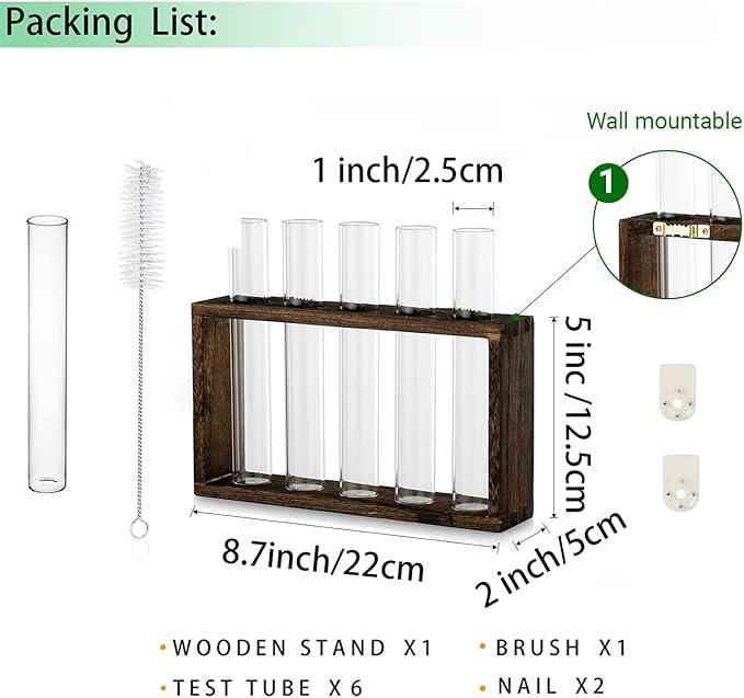Terrarium Propagation Station with 5 Glass Test Tubes, Brown Wood Stand