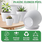 7.5/6.5/5.5/4.9/4.2/3.5 Inch Plant Pots with Drainage Holes and Saucer, Plastic Flower Pots for Indoor Plants, Lightweight Planter Pots for Plants, White