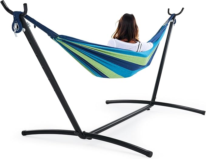 Sweetcrispy Double Hammock with Space Saving Steel Stand Heavy Duty 2 Person Standing Hammocks 450lb Capacity for Outside Garden Yard with Portable Carrying Bag, Blue