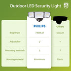 Philips 72W 7400LM LED Flood Lights Outdoor, Switch Controlled Aluminum Security Lights, 3 Adjustable Heads, Wall Mount, 5000K Daylight, Waterproof for Yard, Garage Brown