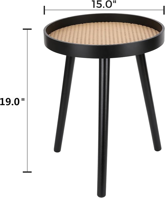 Round Rattan Side Table, Black Boho Nightstand with Shelf
