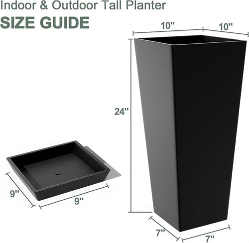 24" Set of 2 Tall Black Planters for Outdoor Plants, Large Flower Pots Planters with Drainage Holes & Tray, Modern Indoor Tapered Planter for Front Porch
