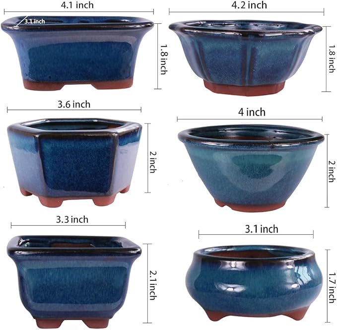 Planters: 6-Pack Blue Glazed Ceramic Mini Bonsai Pots with Drainage Holes