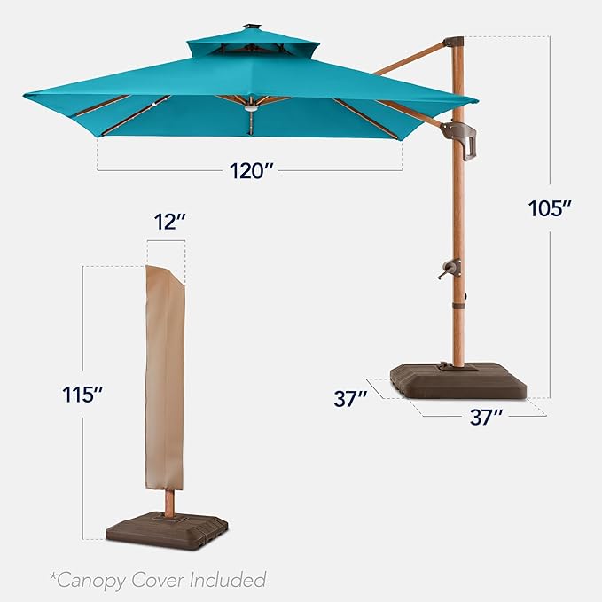 Best Choice Products 10ft Square Cantilever Patio Umbrella w/Base Included, Woodgrain Pattern Pole & Solar LED Lights, 360-Rotation, Offset Hanging Outdoor Shade - Cerulean
