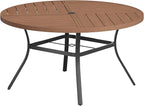 VICLLAX Round Patio Table with Adjustable Umbrella Hole for 8, All Weather Metal Outdoor Dining Table for Lawn Garden, 53.1" Outdoor Coffee Table, Walnut Wood-Like Tabletop