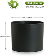 10 Inch Round Plastic Plant Pot with Drainage Holes and Saucer, Wide Flower Pots for Indoor & Outdoor Plants– 7.9" Tall Modern Cylinder Planter Pot for House Plants and Home Decorative, Matte Black