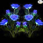 Outdoor Realistic Solar Powered Rose Flower Lights Stake,2 Pack 10 Rose Solar Garden Decorative Waterproof Lights for Backyard Patio Pathway Xmas Decoration-Blue