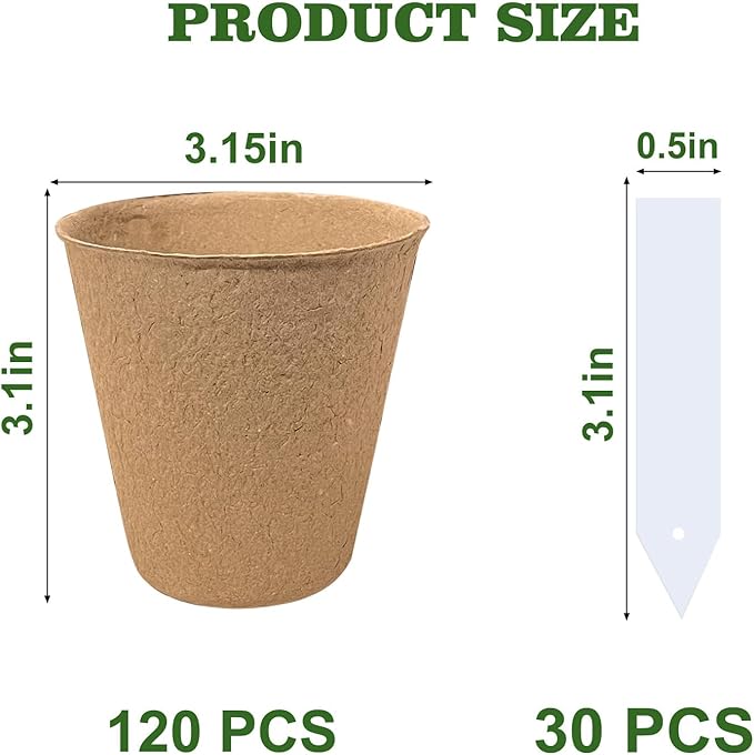 Biodegradable Peat Pots for Seedling - 120 Pack 3.15 inch Biodegradable Plant Seed Starters Kits with 30 Plant Labels, Garden Germination Nursery Pots for Flower Vegetable Seed Germination