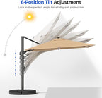 HOMSHADE 10 ft Square Cantilever Patio Umbrella with Base Included, Solar Lights Large Umbrella Outdoor Patio with 360°Rotation&Tilting, LED Lighted Offset Umbrellas w/Stand for Pool Deck