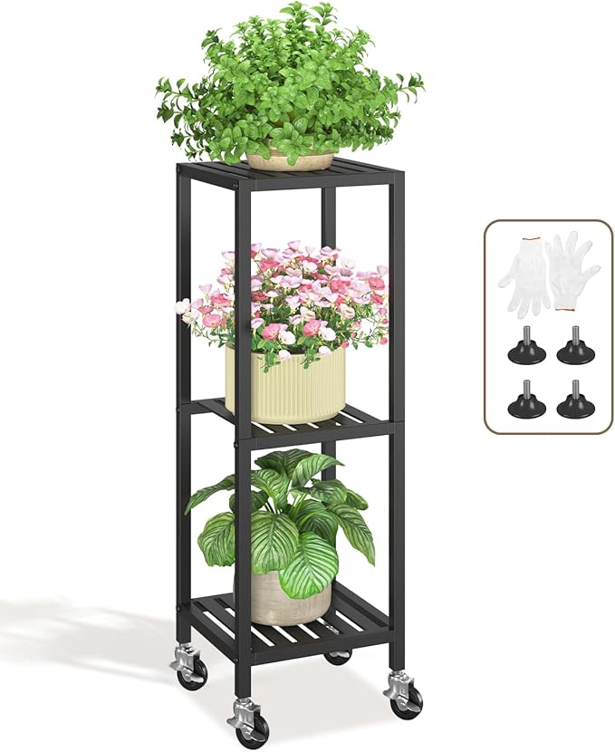LASZOLA 3 Tier Black Metal Plant Stand Indoor Outdoor with Wheel for Large Planter, Modern Heavy Duty Tall Rolling Rack for Corner House Bathroom Patio Floor, Iron Flower Shelf Holder for Orchid Fern