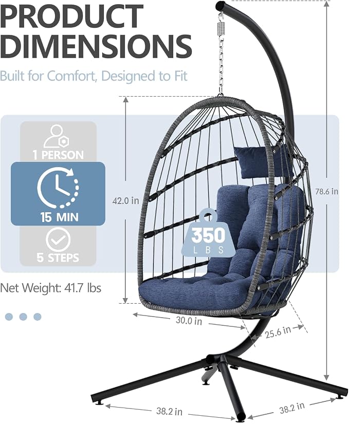Hammock Chair Egg Swing, Dark Blue Metal Frame, 350 lb Capacity