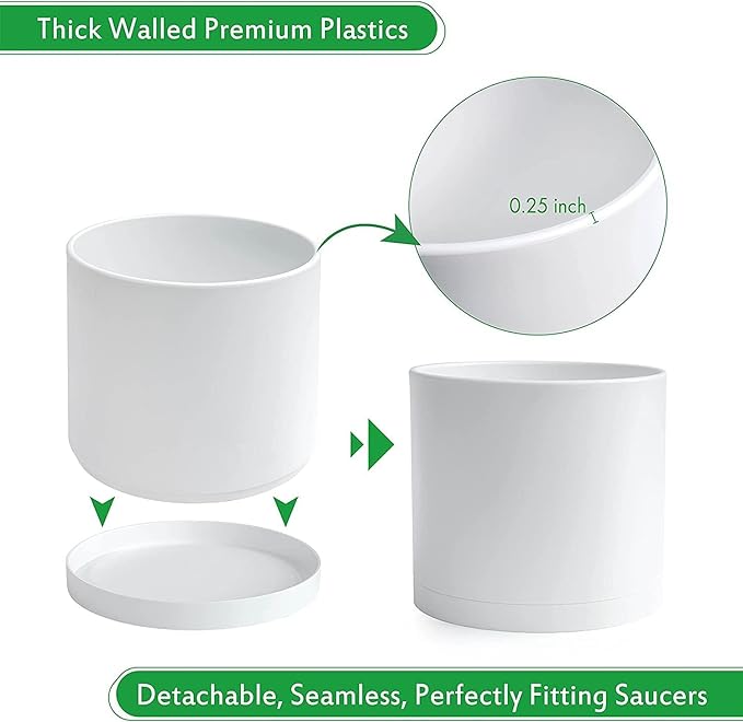 Planter Pots, Set of 2 Matte White Plastic Modern Planters with Saucers