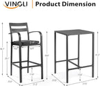 VINGLI 3-Piece Outdoor Bar Set, Aluminum Bar Height Table & 2 Chairs with Cushions, Outdoor Bistro Set for Patio, Backyard, Poolside, Garden(Gray)