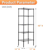 BestOffice | 5-Tier Wire Storage Shelves | 17x12x48 | Black | with Adjustable Racks | Heavy-Duty Metal Shelf, Holds Upto 750 lbs | No-Tool Assembly | Ideal for Home & Garage Shelving