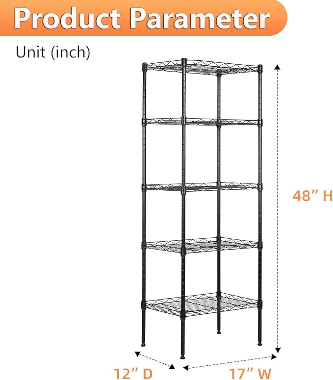 BestOffice | 5-Tier Wire Storage Shelves | 17x12x48 | Black | with Adjustable Racks | Heavy-Duty Metal Shelf, Holds Upto 750 lbs | No-Tool Assembly | Ideal for Home & Garage Shelving